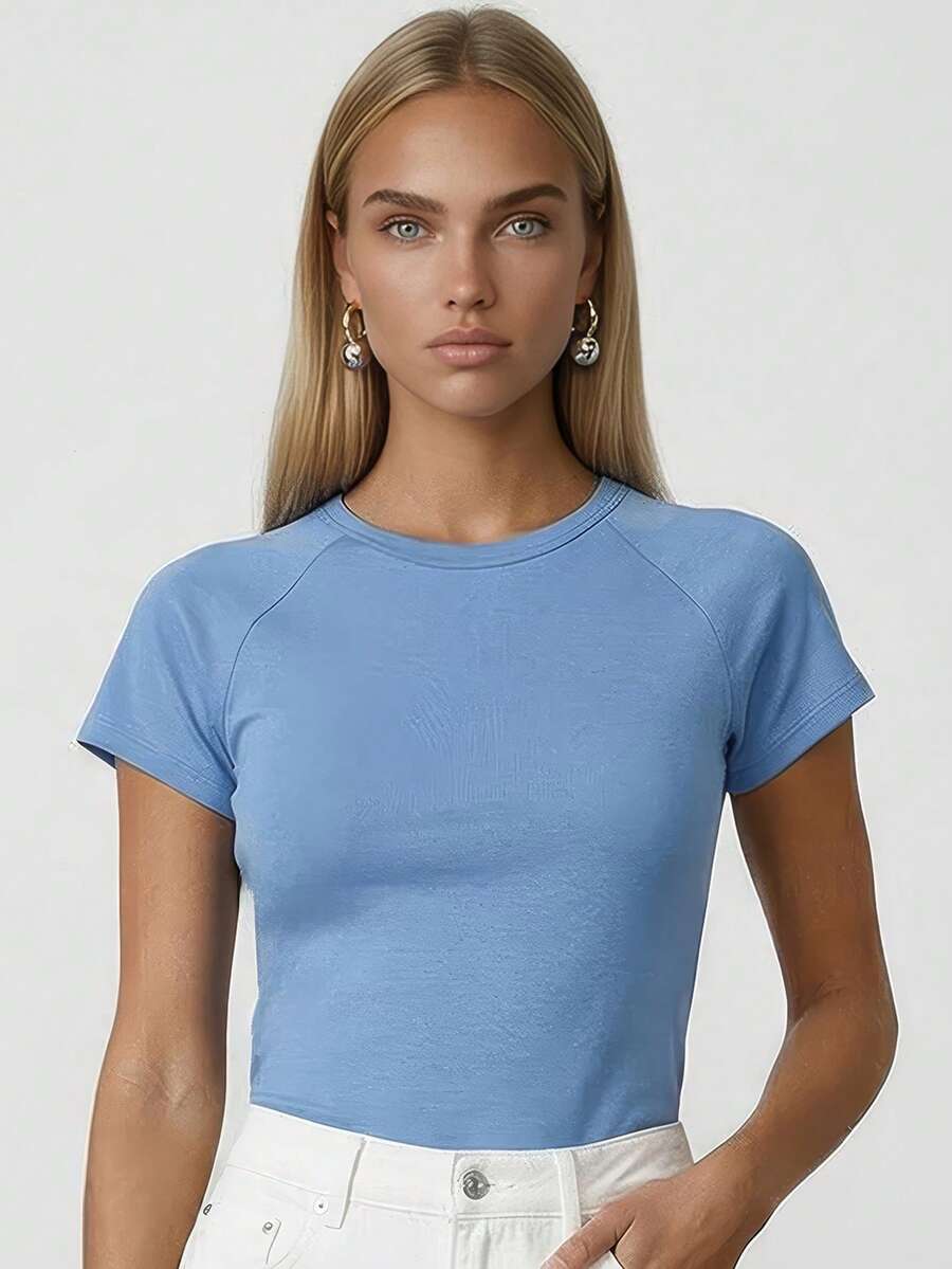 Camiseta de cuello redondo de unicolor casual, versátil para el verano - Azul - Ver 1