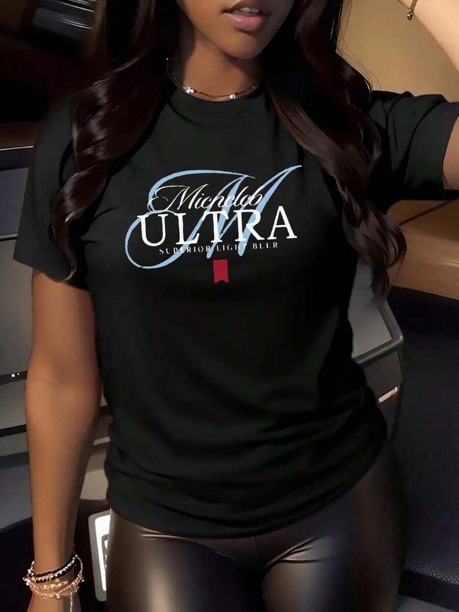 Highly Recommended: Michelob Ultra Women's Casual Graphic Print T-Shirt, 220g, Black, Short Sleeve, 100% Cotton, Easy To Match. - 黑色 - 查看 1