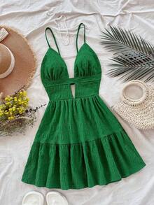 Vestido de vacaciones sin mangas con tirantes tipo espagueti, escote en V, estilo en línea A con huecos y espalda descubierta, 25 estilos - Verde - Ver 1