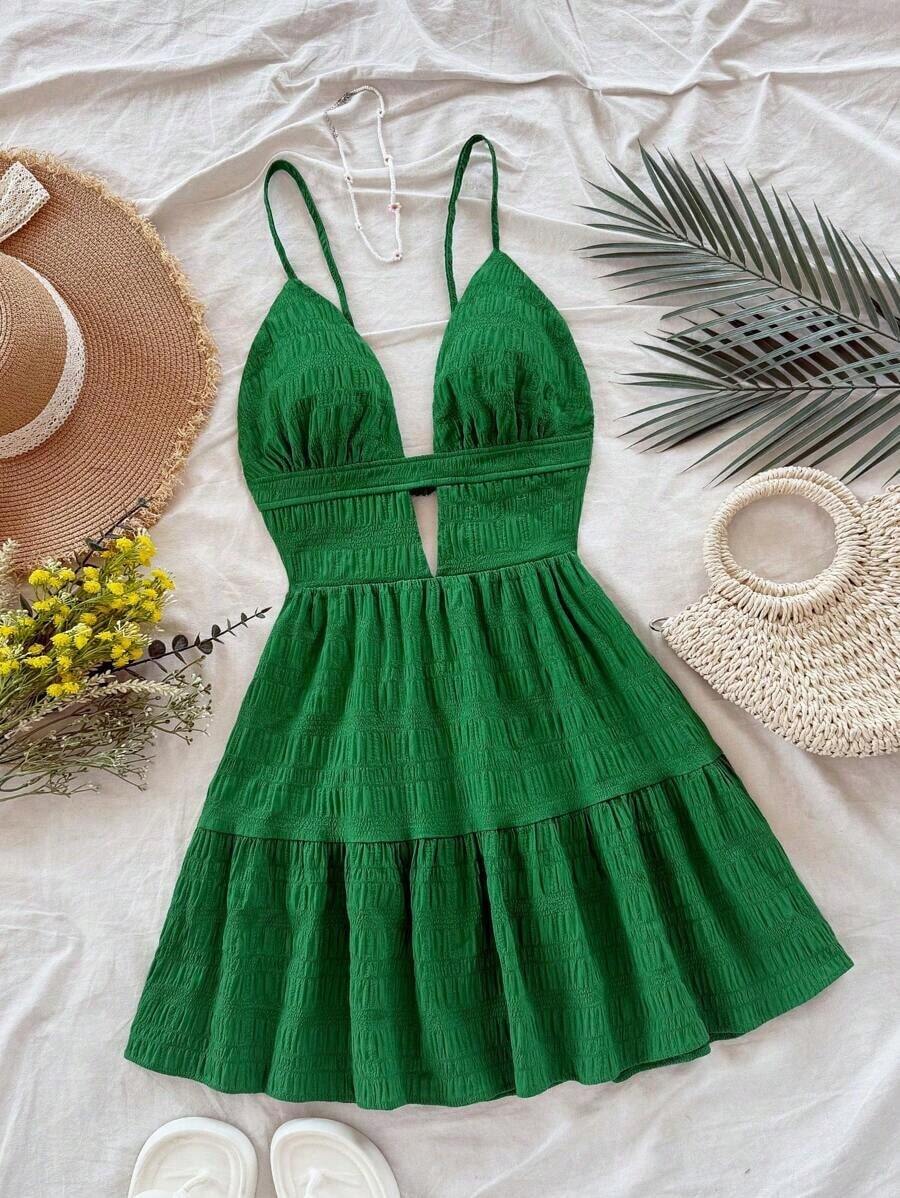 Vestido de vacaciones sin mangas con tirantes tipo espagueti, escote en V, estilo en línea A con huecos y espalda descubierta, 25 estilos - Verde - Ver 1