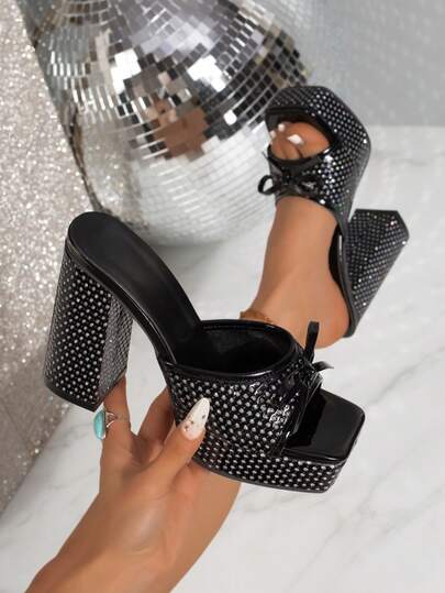 Women's Crystal Bow Thick Bottom High Heel Sandals, Square Toe Chunky Heel, Waterproof Platform Mule Shoes, European And American Style Outdoor Flat Sandals