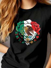 1 T-Shirt With Mexican Flag And Floral Design, Patriotic T-Shirt With The Mexican Eagle, Cinco De Mayo Pride T-Shirt, 180g, 100% Cotton. - 黑色 3 - 查看 7