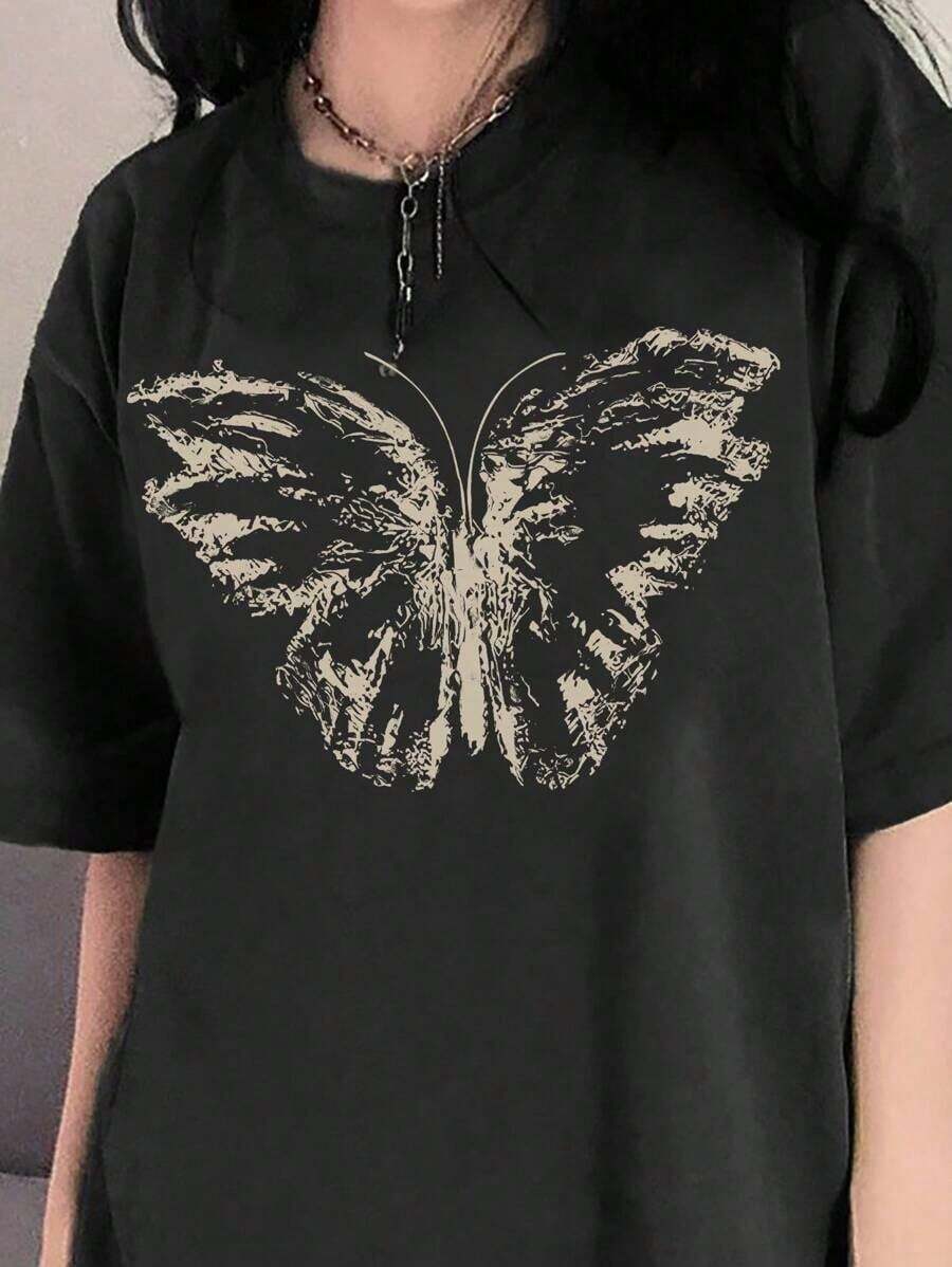 1 Piece Casual Fashion Set For Men And Women. Women's Short-Sleeved, Crew-Neck T-Shirt With Butterfly Print, Ideal For Summer. Versatile, Easy To Match, Suitable For Everyday Wear, Streetwear, Vacation Outfits, And Weekend Get-Togethers. - 黑色 - 查看 1