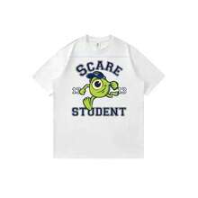 Camiseta unisex de manga corta informal de corte holgado con estampado de dibujos animados de Monsters, Inc., Mike Wazowski y Scare Student Art, estilo vintage de los 90. - Blanco - Ver 1