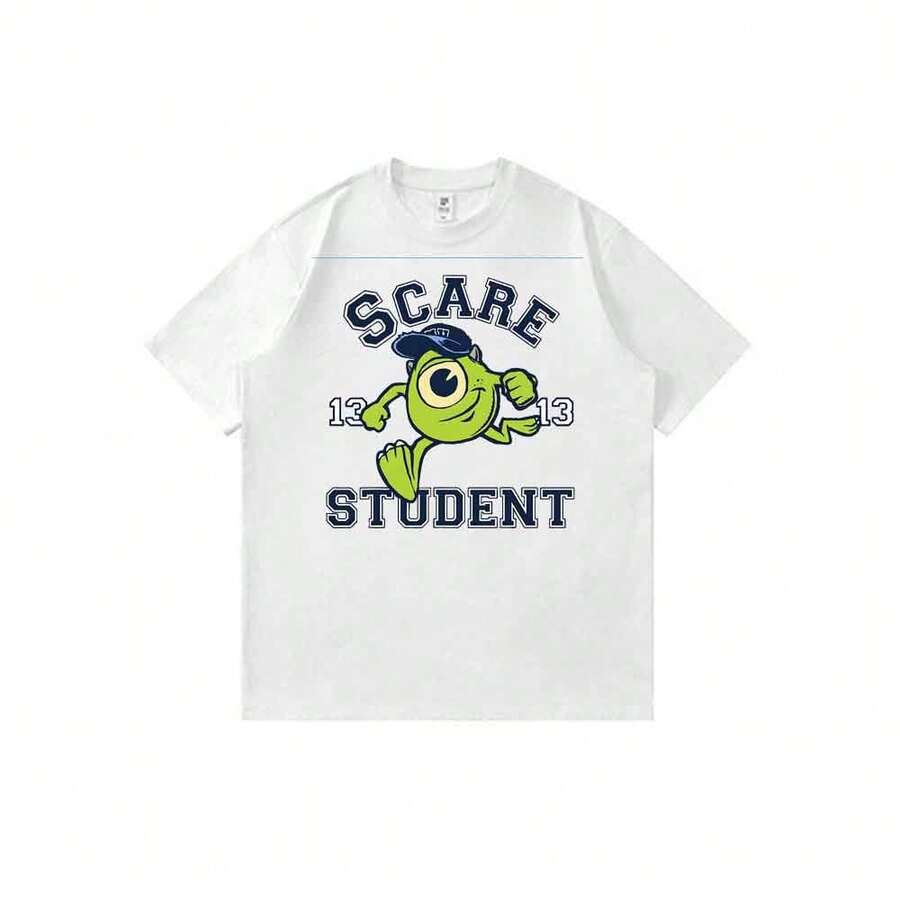 Camiseta unisex de manga corta informal de corte holgado con estampado de dibujos animados de Monsters, Inc., Mike Wazowski y Scare Student Art, estilo vintage de los 90. - Blanco - Ver 1