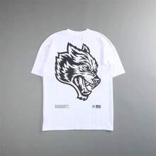 DARC Vintage Wolf Head Print Couple T-Shirt Pure Cotton Short Sleeve - Đen trắng - Xem 8