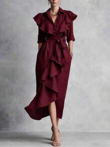 Vestido largo por debajo de la rodilla con cordón, corte holgado favorecedor, botonadura sencilla y volantes, nueva colección primavera-verano 2026 - Burdeos - Ver 3