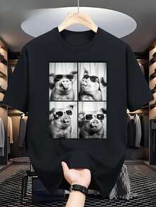 Camiseta Divertida para Hombre con Cerdos y Gafas de Moda, Camiseta Retro de Animales de Granja con Cerdos Geniales con Gafas, Camiseta Transpirable de Cuello Redondo para Verano, Uso Casual y Festivo, Camiseta Gráfica Lavable a Máquina - Negro - Ver 1