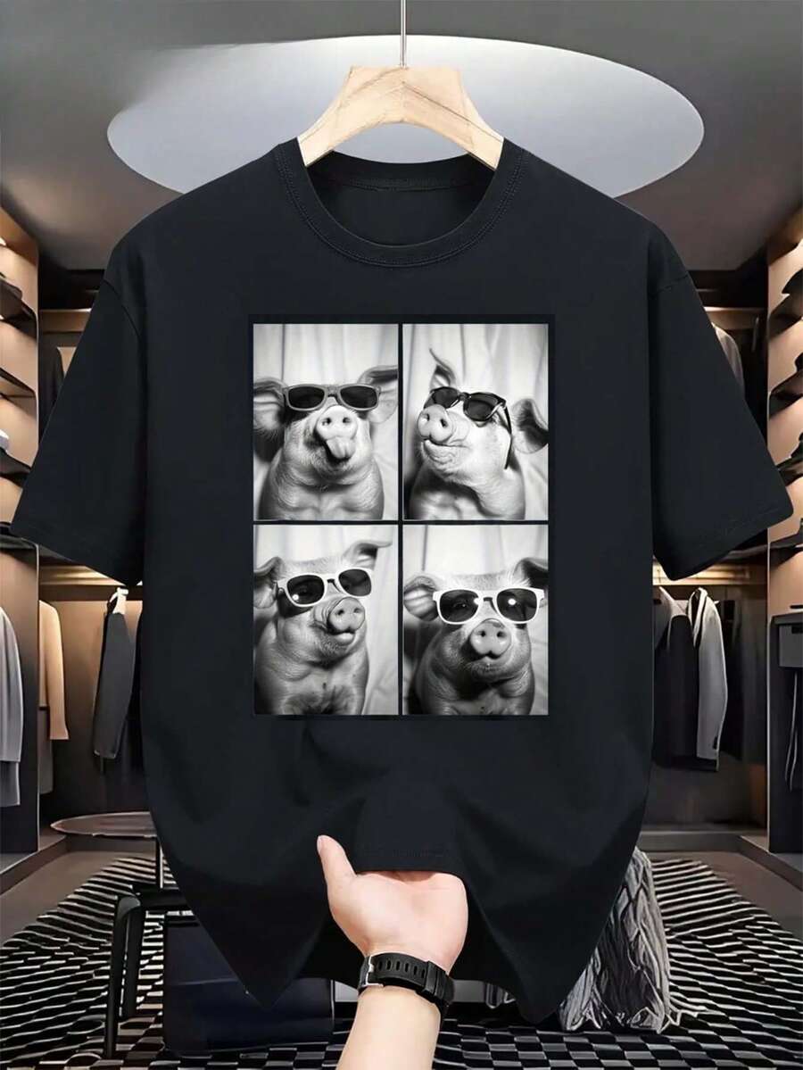 Camiseta Divertida para Hombre con Cerdos y Gafas de Moda, Camiseta Retro de Animales de Granja con Cerdos Geniales con Gafas, Camiseta Transpirable de Cuello Redondo para Verano, Uso Casual y Festivo, Camiseta Gráfica Lavable a Máquina - Negro - Ver 1