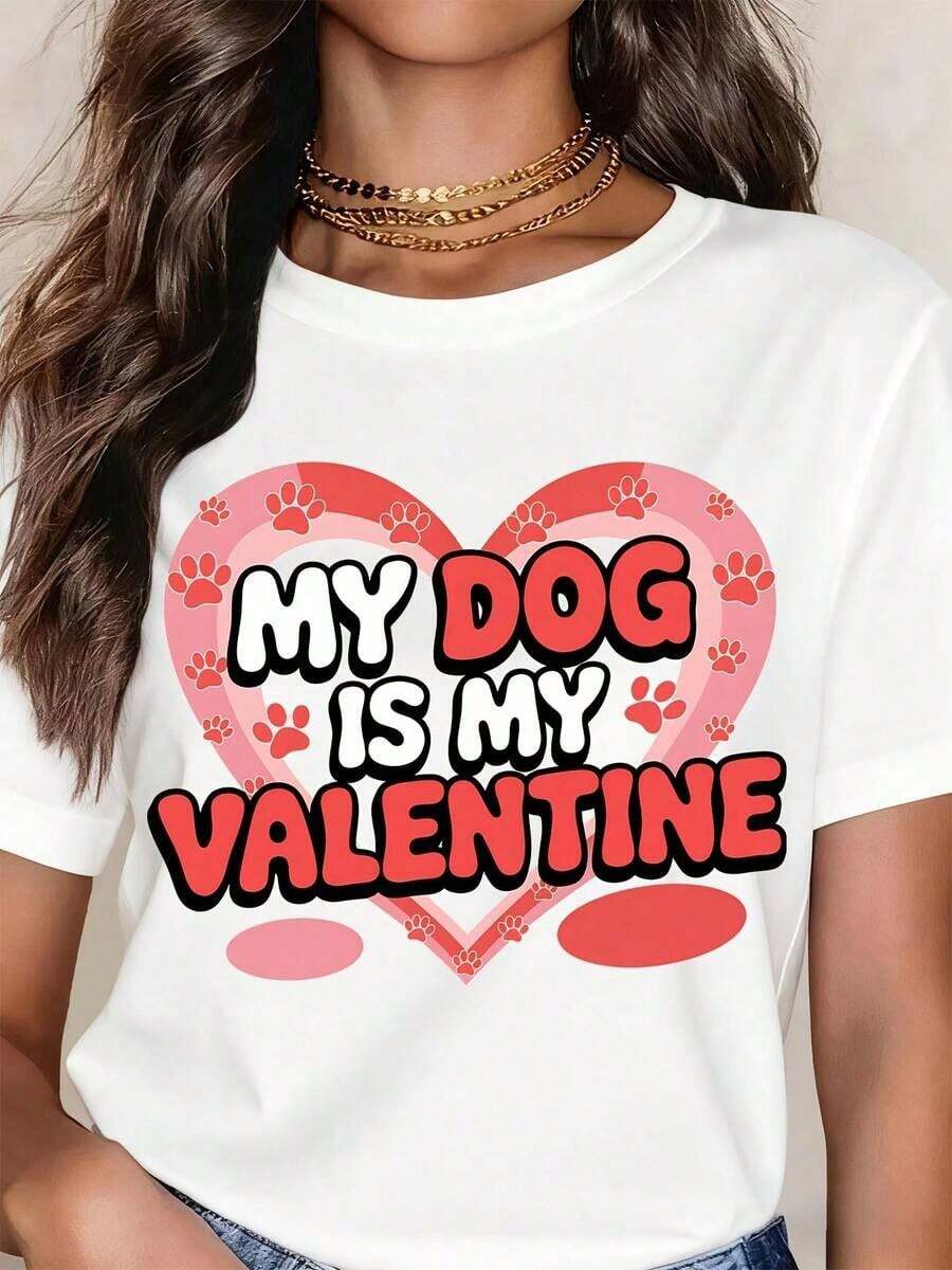 Camiseta de Cuello Redondo con Diseño de Huella de Corazón de Mi Perro Es Mi San Valentín para Amantes de Perros, Regalo para el Día de San Valentín - Blanco - Ver 1