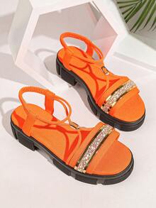 Sandal đế xuồng hở mũi cho nữ, nhẹ, chống trơn trượt, quai đính kim tuyến, kiểu dáng đi biển, nghỉ mát. - trái cam - Xem 3