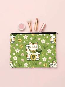 Túi đựng mỹ phẩm in hình mèo Maneki-Neko trà xanh và hoa anh đào, kiểu Nhật Bản, có khóa kéo. - Nhiều màu - Xem 2