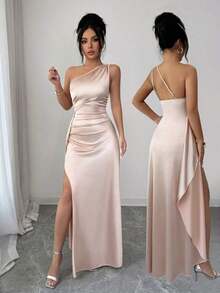 Vestido de noche largo y sexy para mujer con un hombro, cintura fruncida y abertura alta, de satén de lujo, nuevo para el verano de 2026 - Champán - Ver 4
