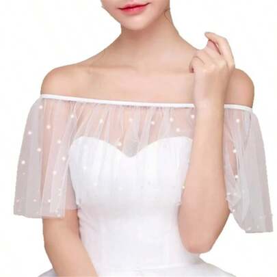 1pc Women's Factory Direct White Chiffon Korean Style Thin Faux Pearl Studded Off Shoulder Bridesmaid/Bride Mesh Shawl With Faux Pearls