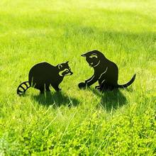 Decoração de Jardim de Metal em Formato de Gato e Guaxinim em Peça Única, Arte de Silhueta de Animal Fofo para Pátio, Ornamento de Gramado para Uso Externo em Qualquer Clima, Adequado para Jardins de Pátio, Presente Ideal para Amantes de Guaxinins e Gatos. - gato - Visão 2