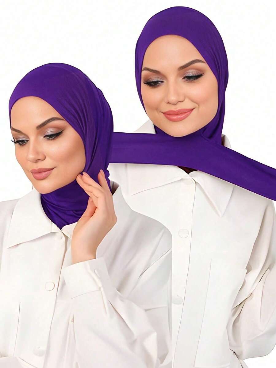 Awegeo Khăn trùm đầu nữ Hijab, khăn choàng đầu tiện dụng kiểu Trung Đông có cúc cài, khăn choàng đầu thoải mái thường ngày. - Màu tím - Xem 1