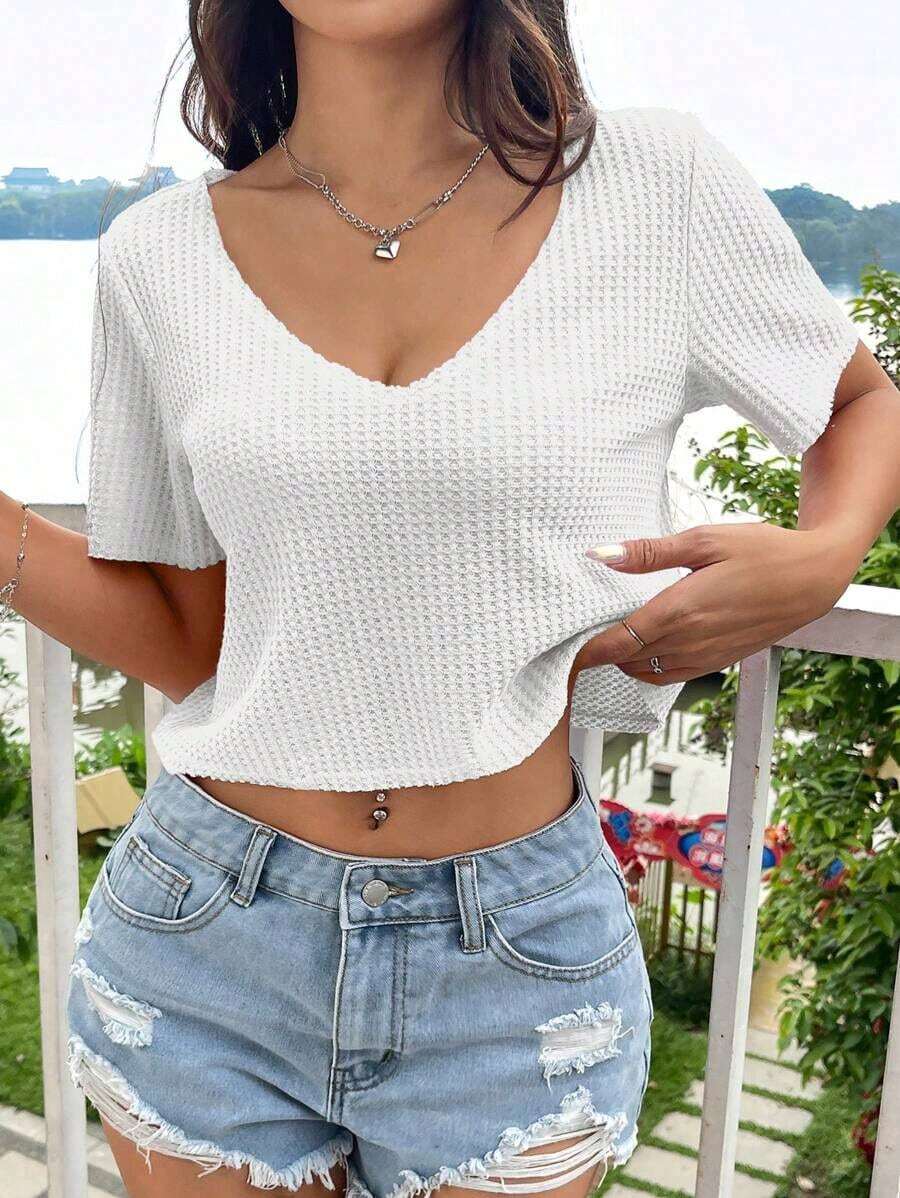 Top corto de punto de gofre rosa brillante para el verano - Blanco - Ver 1