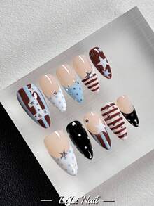10pcs Handmade Press On Nails , Almond Nails, Cute Nails INS Style, Nude Nails, Red White Blue Nails, Star Design, Striped Pattern, Polka Dot Nails, French Tip Nails, Rhinestone Decor, Hand Painted Nails, For Women & Girls Daily Commute, Party & Office Wear, Reusable Nail Set With Nail Tools, Nail Supplies - Multicolor - View 4