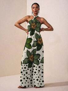 Conjunto de verano 2025 para mujer/ Ropa de otoño para mujer/Festival de música/Mono de trabajo/vacaciones en la playa para mujer/Mono elegante con cuello halter, espalda descubierta, pierna ancha y estampado floral/Ropa bohemia para mujer - Multicolor - Ver 4