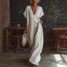 Ladies Linen Cotton Maxi Dress Casual Elegant Loose Fit With Lace Trim Comfortable Daily Vacation Dress - 白色 - 查看 2