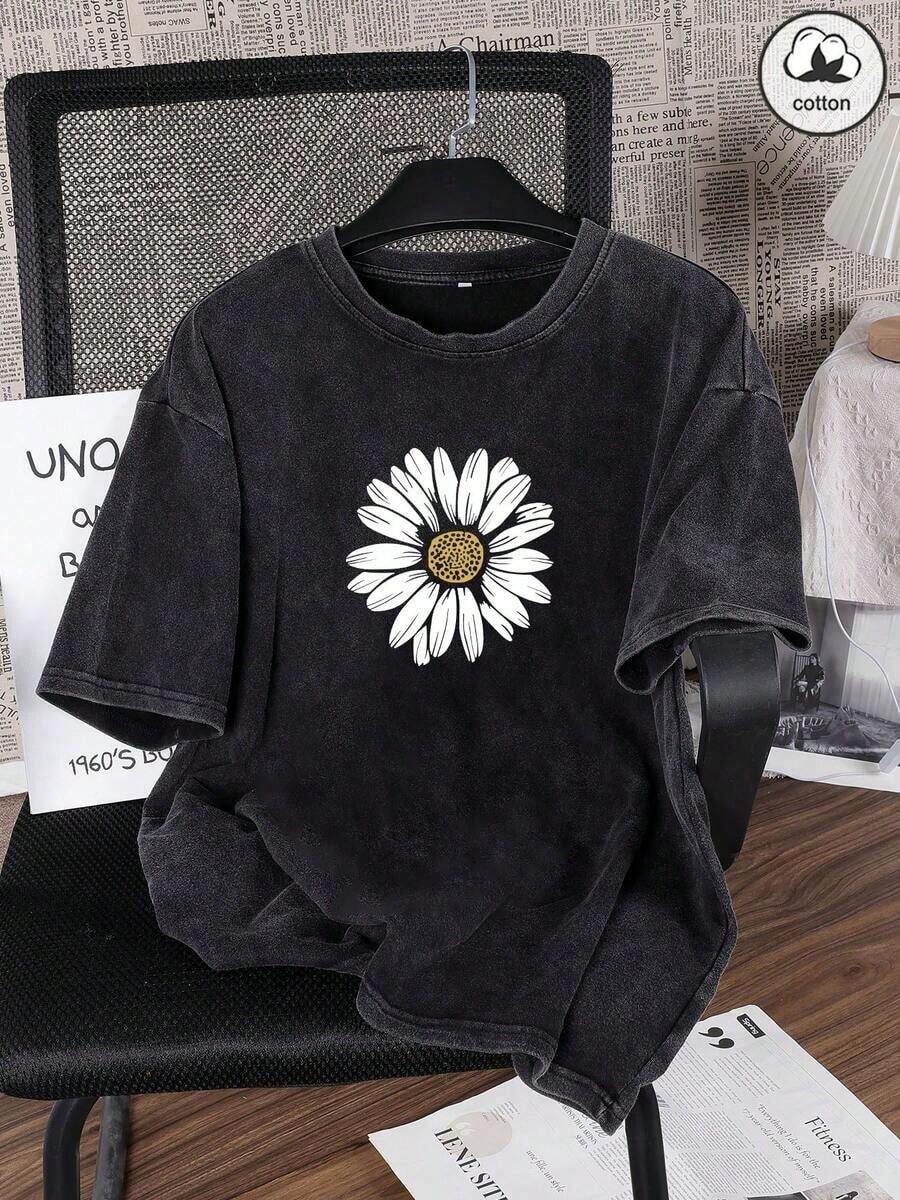 Black Short-Sleeved T-Shirt With A Slim Fit, Round Neck, Punk Style, Korean Version, Comfortable And Retro, Custom Floral Daisy Print, Street Style, Niche Y2K Women's Clothing - 黑色 - 查看 1