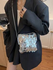 迷你亮片鏈條單肩包，個性化紋理極簡主義斜背包，優雅晚宴包，亮片手提迷你方包，時尚亮片女士手機包，鏈條裝飾可放手機與硬幣，適合購物 - 銀色 - 查看 4