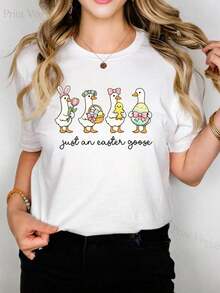 Camiseta de Mujer y Unisex con Estampado de Huevos de Pascua, Ganso y Pollito - Blusa Casual de Manga Corta y Cuello Redondo para Primavera, Verano y Otoño - Camiseta Compatible para Atuendos Casuales, Lavable a Máquina, Regalo, Top Transpirable y Cómodo - Tops de Primavera - Tops de Verano - Ropa de Vacaciones para Mujer - Tops de Pascua para Mujer - Ropa de Verano 100% Algodón - Estilo Vintage Urbano Unisex, Camiseta de Manga Corta de Algodón Suelto con Cuello Redondo - Blusas para mujer. blusas.blusas casuales para dama. - Blanco - Ver 1