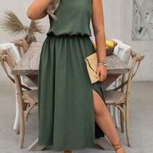 Plus Size LUNE Sleeveless Crew Neck Solid Color Casual Commute Dress, Waisted, Slit Hem, Suitable For Women - Verde - Ver 2