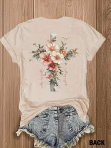 Tropical Outfits,Jesus Flower Cross Double-Sided Printed T-Shirt-Fashion Belief Design Is Suitable For Casual Wear, Very Suitable For Christian Women, Fashionable And Comfortable Cotton Blended T-Shirt, Double-Sided Printed Flowers,,4th Of July Outfit Women - Màu be - Xem 3
