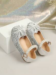 Girls' Sparkly Silver Rhinestone Firework Princess Shoes, Pearl Buckle Soft Non-Slip Soles, Children's Stage Performance Versatile Shoes - Silver - View 4