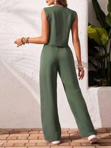 Frenchy Set de 2 piezas para mujer de top sin mangas y pantalones de estilo casual con un solo botón, para verano - Verde - Ver 2