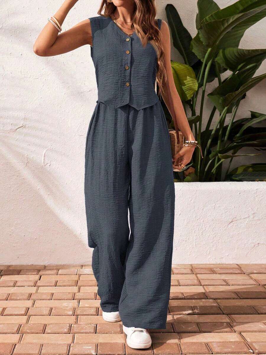 Frenchy Set de 2 piezas para mujer de top sin mangas y pantalones de estilo casual con un solo botón, para verano - Niebla azul - Ver 1