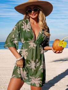 Vestido de playa  Swim Lushore para mujer, primavera/verano, estampado floral, cintura ceñida, manga 3/4, cuello en V, vestido de vacaciones con pareo, pareo de playa marrón, ropa de playa para mujer, vestido Zanea para mujer. - Verde - Ver 10