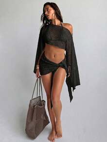 Conjunto de 2 piezas de mujer para primavera/verano con textura de jacquard, blusa tipo chal y minifalda de estilo envolvente, ropa de playa/resort para mujer - Negro - Ver 4