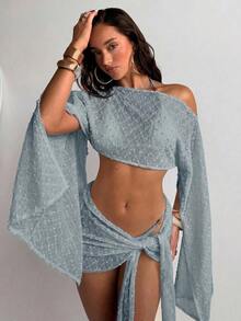 Conjunto de 2 piezas de mujer para primavera/verano con textura de jacquard, blusa tipo chal y minifalda de estilo envolvente, ropa de playa/resort para mujer - Azul - Ver 3