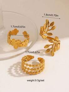 Juego de anillos abiertos de acero inoxidable dorado de alta gama, con diseño en forma de hoja y flor, estilo elegante y exclusivo, adecuado para uso diario, festivales, fiestas, anillos versátiles y apilables - Dorado - Ver 5