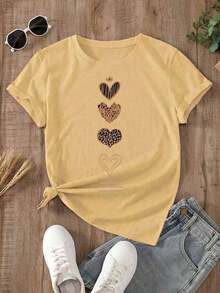 YOCASA Women's T-Shirt, White T-Shirt With 5 Leopard Hearts Print, Short Sleeve, Loose Fit, Casual And Versatile For Women. Women's Blouse With Leopard Style Heart Print, Short Sleeve, Loose Fit, Casual Daily Wear. Loose Leopard Heart T-Shirt For Women, Short Sleeve, Unique Print, Casual And Multipurpose. Comfortable And Lightweight. - YH628-黃色 - 查看 3