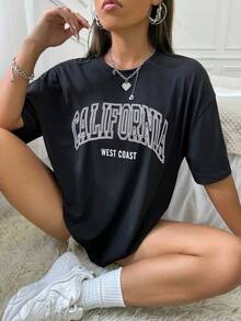 Camiseta gráfica con hombros caídos y estampado de letra para mujer camisetas para muje - Estilo III - Ver 7