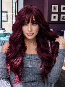 XOUJE 26 Inch Burgundy Long Wavy Wig With Bangs - Plum Red Heat Resistant Synthetic Machine Made Natural Hair For Women's Daily Wear, Cosplay & Party - Redwood - View 4