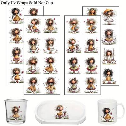 4pcs/Set Whimsical Girl & Flower Spring Theme Patten UV Transfer Stickers - For DIY Crafts, Mugs, Laptops & Water Bottles, Self-Adhesive Plastic Decals, DIY Mug Decoration, Laptop Decals, Holiday Decorations, Festive Designs, Highquality Prints, Durable Decals