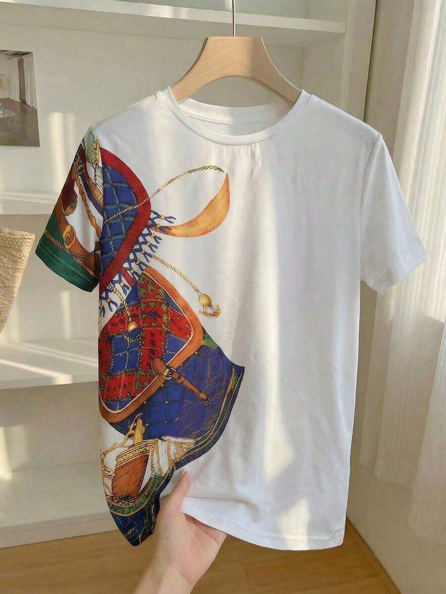 Camiseta casual de mujer de cuello redondo y manga corta con estampado digital de leopardo, regalo para amigos - Blanco - Ver 1