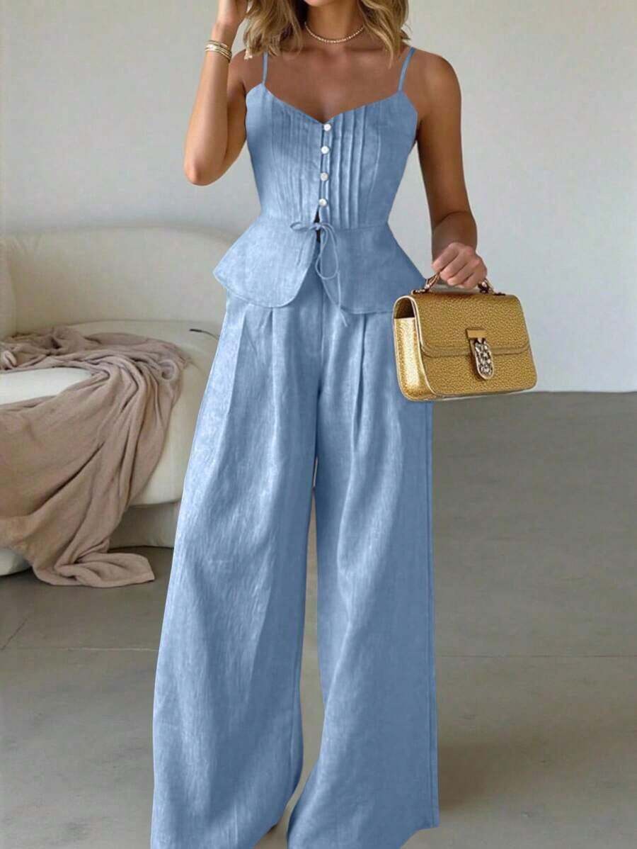 Set de 2 piezas: Top de tirantes ajustado informal con nudo delantero y pantalón de pierna ancha - Azul - Ver 1