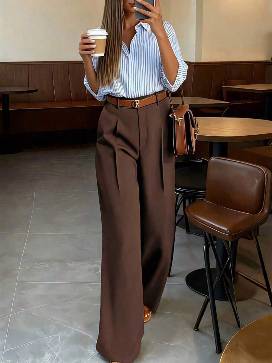 Pantalones de traje de mujer de cintura alta vintage, corte holgado, efecto drapeado, adecuados para otoño, apropiados para uso en la oficina en primavera - Marrón 3 - Ver 1