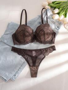 1 Set Women Lace Patchwork Underwire Bra & Panty Set - Chocolate Brown - View 5
