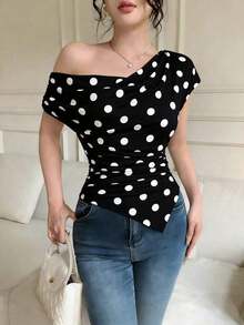 Camiseta asimétrica de mujer elegante con estampado de lunares, para verano - Negro - Ver 7