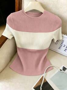 Camiseta de manga corta casual con bloques de color para mujer, verano - Rosa - Ver 6