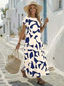 Vestido casual de mujer con estampado todo sobre, adecuado para vacaciones - Azul marino - Ver 1
