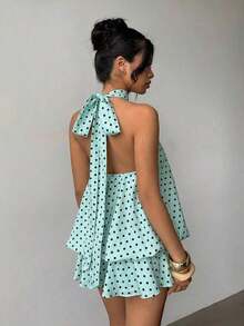 Vestido mini elegante de mujer con estampado de lunares y escote halter sin espalda - Verde - Ver 2
