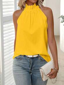 Blusa plisada de unicolor, versátil y casual para uso diario - Amarillo - Ver 7