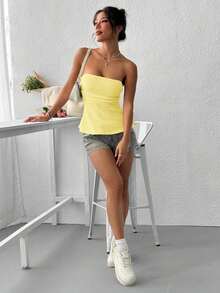 Camiseta de tirantes elegante de estilo francés de punto color albaricoque para mujer, adecuada para citas y vacaciones - Amarillo - Ver 3